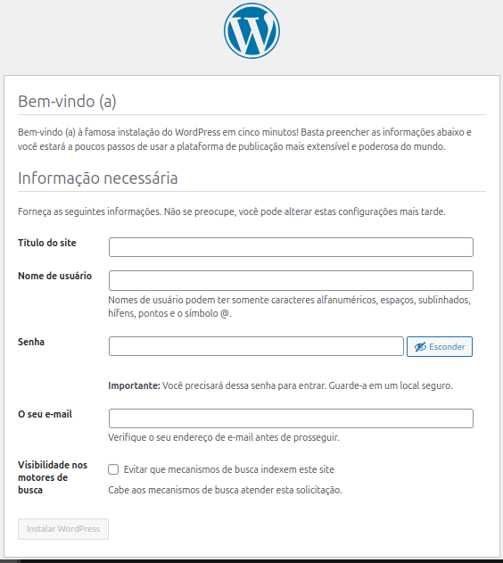 Representação da tela de cadastro de usuário administrador no WordPress